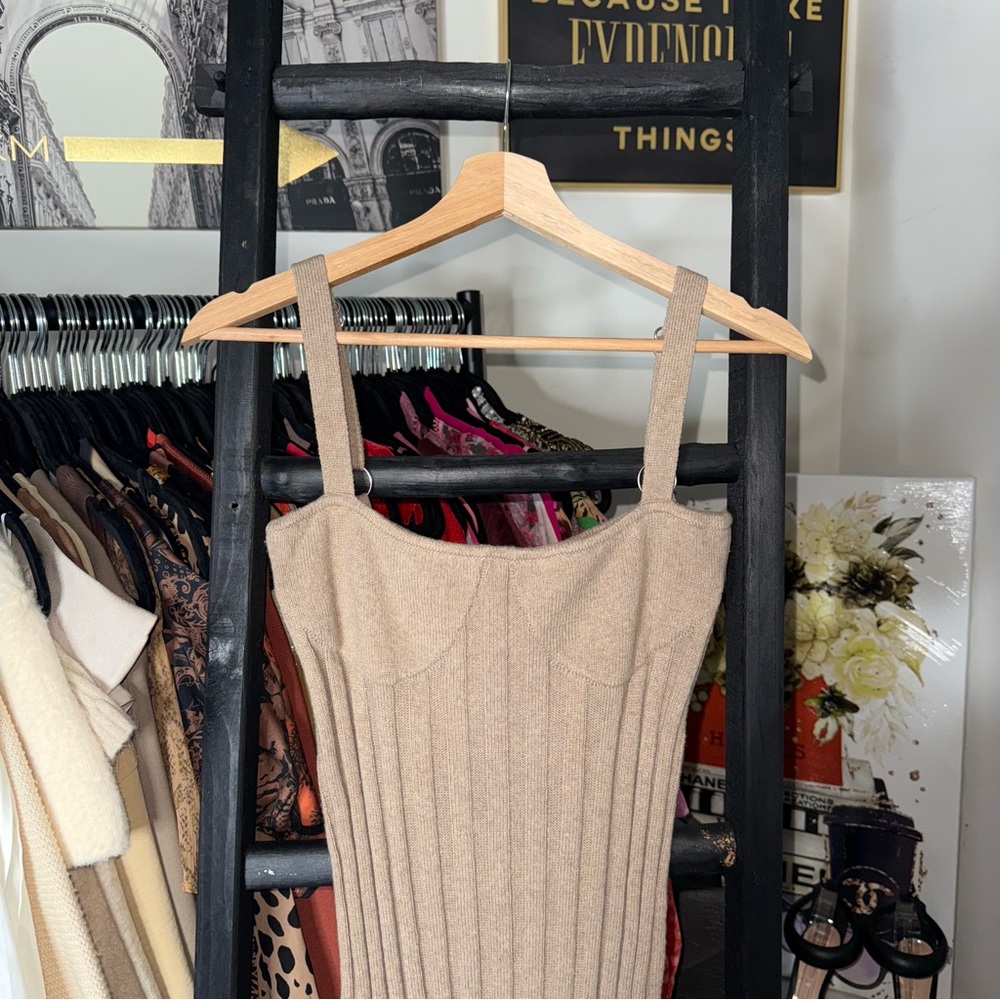Something Navy Bustier Ribbed Sweater Dress Tan Midi Womens Small - Picture 4 of 11